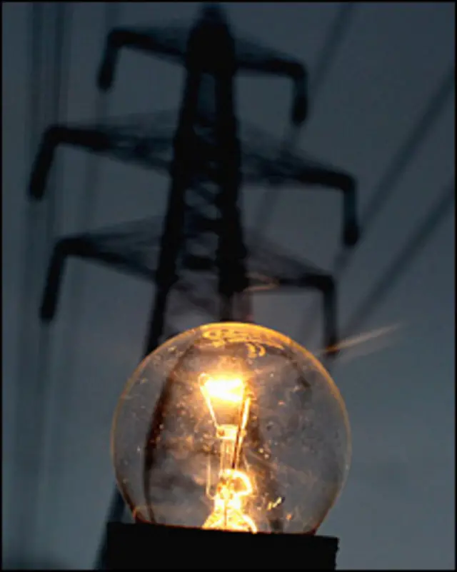 На переднем плане - лампа накаливания, на заднем - опора высоковольтной линии электропередачи (архивное фото)