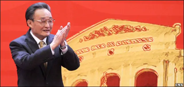 吴邦国在北京人民大会堂澳门《基本法》座谈会上（中新社图片4/12/2009）