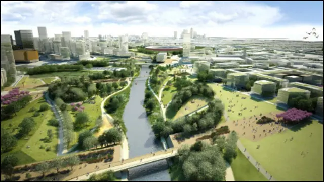 Imagem ilustrativa de como deve ser o Parque Olímpico Londres daqui vinte anos