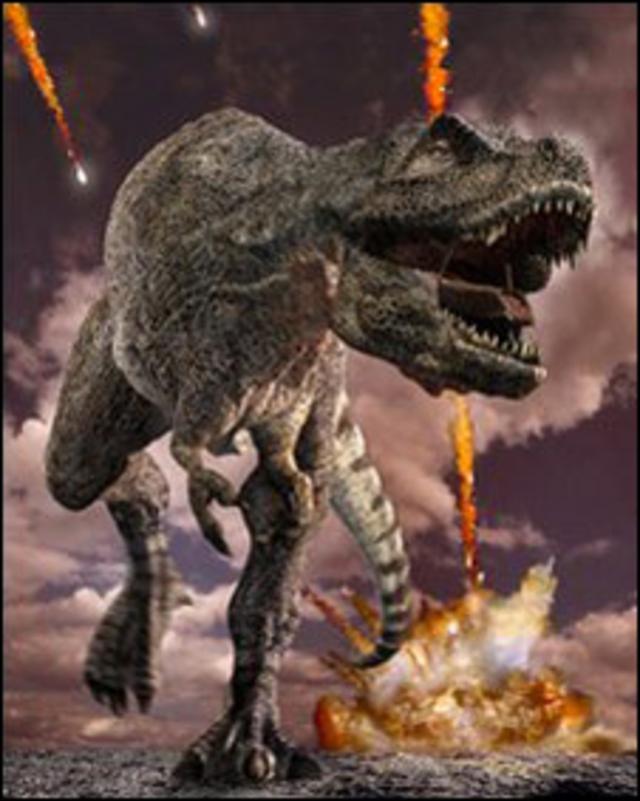 Ilustración del dinosaurio durante lluvia de meteoritos