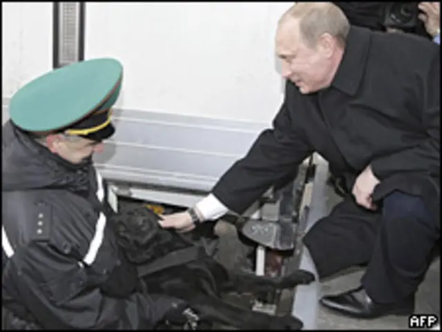 Премьер-министр России Владимир Путин гладит белорусскую пограничную собаку в Бресте
