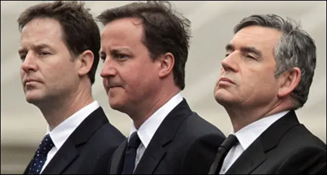 David Cameron, Nick Clegg, dan Gordon Brown