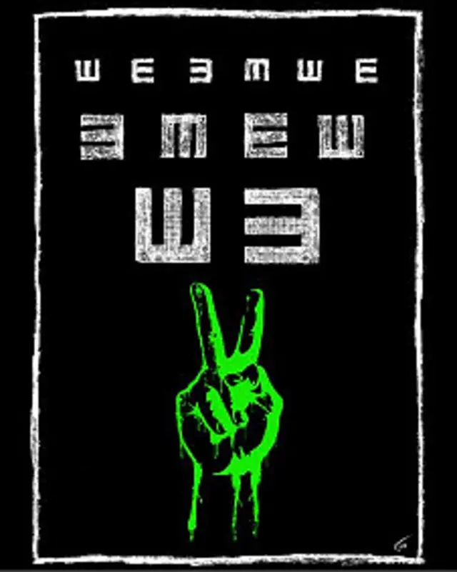 پوستری از علامت وی سبز و علائم تست بینایی در بالای آن