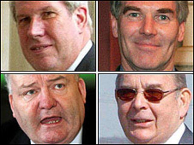 De izq. a derecha, comenzando desde arriba, los ex parlamentarios Elliott Morley, David Chaytor, Jim Devine y Lord Hanningfield