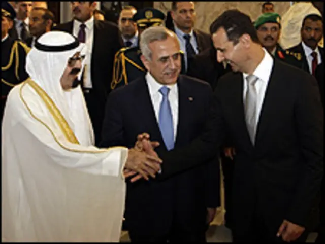 شاہ عبداللہ، صدر بشرالاسد اور لبنان کے صدر مائیکل سلیمان