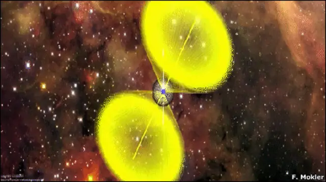 Impressão artística do pulsar PSR J2007+2722 visto da Terra (F. Mokler / Science)