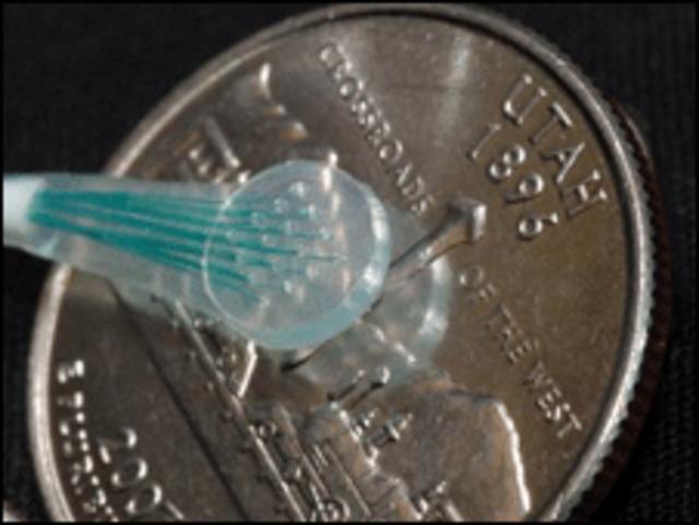Comparación del tamaño de microelectrodo (Spencer Kellis, Universidad de Utah)