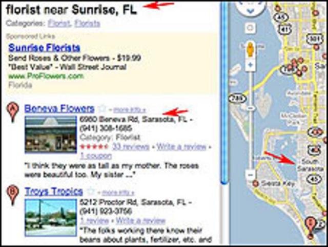 Toma de Google Maps que ofrece un listado con floristerías en Sarasota, como respuesta a la búsqueda "floristerías en Sunrise". (Foto: Jessica Tanozzinni). 
