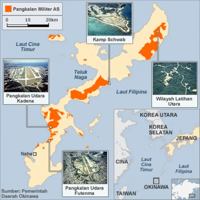 Sejumlah pangkalan militer AS di Okinawa, Jepang.