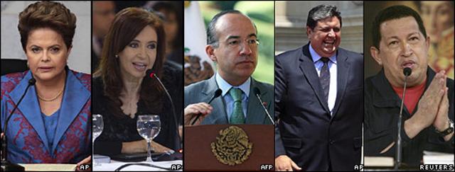 Presidentas de Brasil, Dilma Rousseff, y de Argentina, Cristina Fernández, y los presidentes de México, Vicente Calderón, Perú, Alan García, y Venezuela, Hugo Chávez 