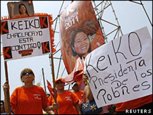 Manifestantes con pancartas de Keiko Fujimori