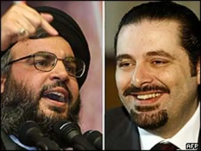 O líder do Hezbollah, Hassan Nasrallah (esquerda) e Saad Hariri