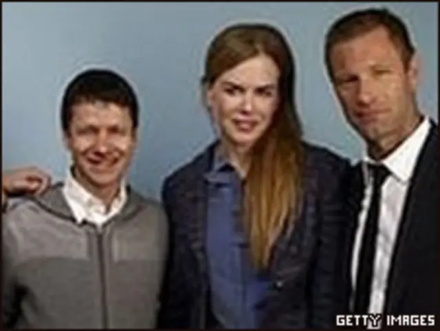 Da esq. para dir.: o diretor John Cameron Mitchell, Nicole Kidman e o ator Aaron Eckhart