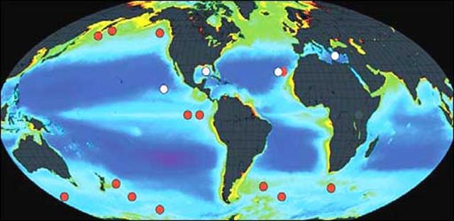 Mapa con sitios de experimentos de fertilización de océanos. Foto gentileza de la Comisión Oceanográfica Internacional 