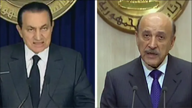 Phó Tổng thống Ai Cập, Omar Suleiman (hình phải) vừa phát biểu trên truyền hình tối thứ Sáu 11/02 giờ Ai Cập rằng "Tổng thống Hosni Mubarak (hình trái) đã từ chức".