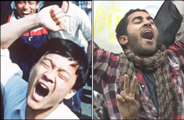 Người biểu tình ở Thiên An Môn (trái) hồi năm 1989 và ở Ai Cập mới đây (phải)