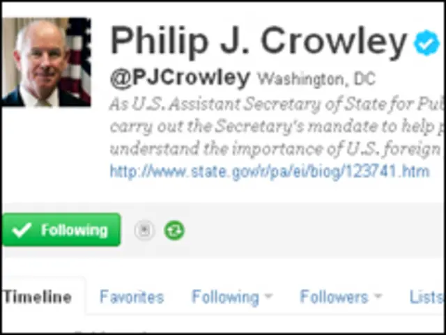 美国国务院发言人克劳利在社交网站“推特”(Twitter)上留言