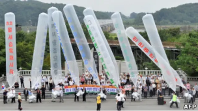 Южнокорейские активисты и шары с листовками