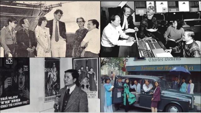 Ảnh trên, trái: Hồng Liên, Hữu Đại, Vivienne Garratt (thư ký), John Harding (Trưởng Ban), Judy Stowe (Phó Ban) Đỗ Văn; Ảnh trên, phải: Đỗ Văn, Vĩnh Phúc, Judy Stowe, Hồng Liên Lê Phúc; Ảnh dưới, trái: Đỗ Văn và các bức họa VNDCCH triển lãm tại London (1975); Ảnh dưới, phải: Nam Phương, Xuân Hồng, Tường Vi, Mạnh Hùng, Chris Greene, Lê Phan, Thanh Quang, Bạch Kim, Hồng Liên