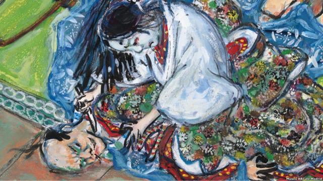 Una mujer le pone el cuchillo en el cuello a su atacante. Dibujo de Akira Kurosawa