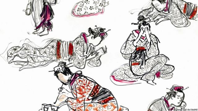 Mujeres en diversas posturas, dibujo de Akira Kurosawa