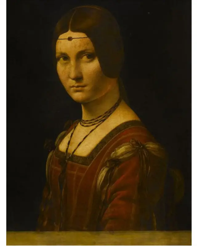 "سیمای یک زن" که احتمالا پرتره همسر و یا یکی از معشوقه های اشراف‌زاده ای به نام لودیوکو ایل مورو است، از موزه لوور در پاریس قرض گرفته می شود.