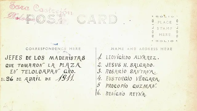 La primera postal de la Revolución en Guerrero (reverso). Libro Sara Castrejón. Fotógrafa de la Revolución, INAH-Conaculta