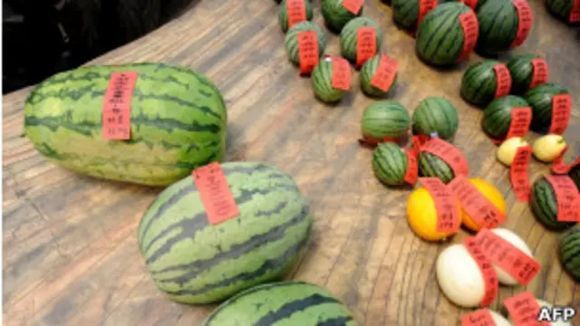 除了西瓜外，中國其他水果也存在使用氯吡反和其他化學物質的現象。圖為北京舉行的最大和最甜西瓜比賽中的參展西瓜（25/05/2011）