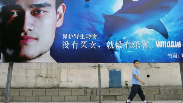 Yao Ming menggunakan ketenarannya untuk mendukung sejumlah kampanye. Dalam papan iklan raksasa di Beijing ini Yao Ming berkampanye agar masyarakat Asia berhenti mengkonsumsi sup sirip hiu.