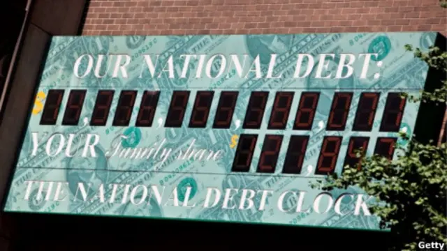 Jam Utang Nasional di New Yor City memperlihatkan total utang nasional AS 
