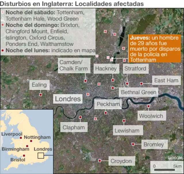 Mapa de los disturbios en el Reino Unido