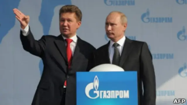 Керівник Газпрому та російський прем'єр Путін. Компанія є газовим монополістом Росії та однією із найбагатших у світі
