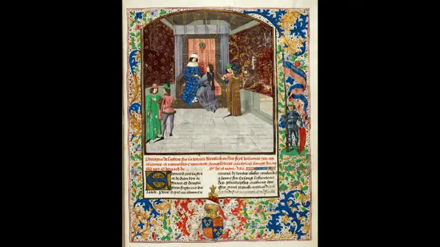 Sorprendentemente, casi 50 manuscritos lujosamente ilustrados coleccionados por Eduardo IV (1471-83), el fundador de la Antigua Biblioteca Real, sobrevivieron. Entre ellos el que incluye esta imagen del autor del libro entregándole el tomo al monarca. El libro es una crónica de Inglaterra, hecha en Brujas. © British Library/British Library Board