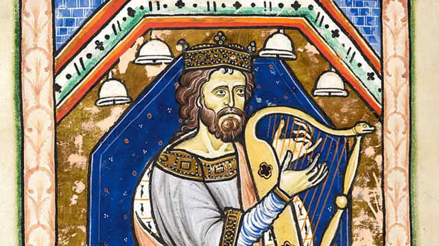 Está representado como un monarca contemporáneo: vestiduras fantásticas, bellos colores... y por supuesto, tocando el arpa, pues los Salmos son canciones. © British Library/British Library Board