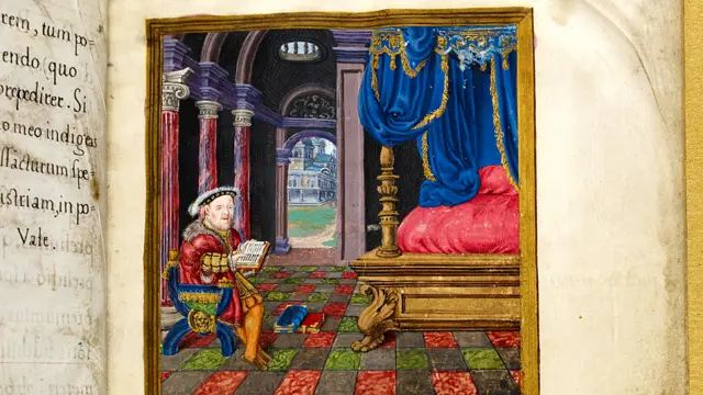 ...Enrique VIII, fácilmente reconocible. Su salterio data de 1540. Para ese entonces, él ya era la cabeza de la Iglesia en Inglaterra y representante de Dios sobre la Tierra. "Las ilustraciones que comisionó demuestran que quería que lo identificaran con el bíblico Rey David", dice el curador. © British Library/British Library Board