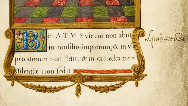Otra gran B, para el mismo principio de un salmo, "bendito es el hombre". Pero unos dos siglos después, ese hombre ya no es David. Quien está sentado más arriba en la ilustración es... © British Library/British Library Board