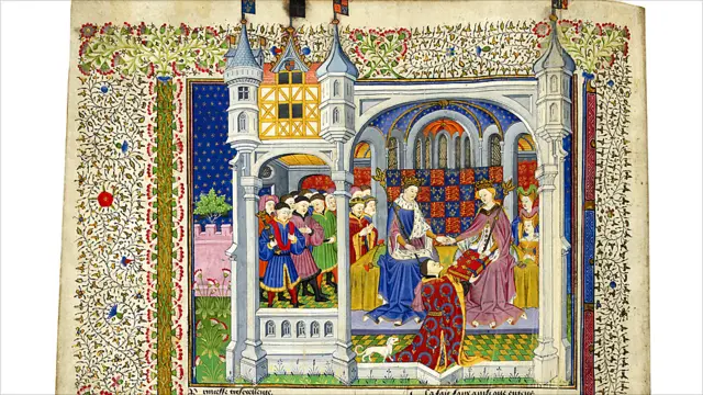 Esta escena transcurre en 1445. Enrique VI se casa con Margaret de Anjou. El renombrado comandante militar John Talbot, 1º conde de Shrewsbury, les regala un libro. © British Library/British Library Board