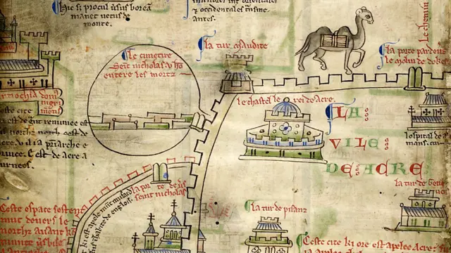 El trayecto empieza en Londres, pasa por Francia, Apulia en Italia y termina en Jerusalén. El mapa se desdobla y marca lugares en los cuales descansar, así como la distancia que se podría cubrir diariamente. Fue hecho cerca a 1250. © British Library/British Library Board