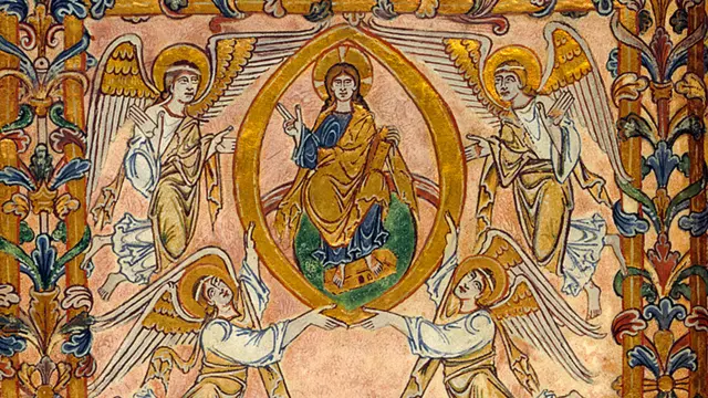 El "New Minster Charter", del año 996, expresa con palabras, decoraciones e imágenes, la importancia del patronage religioso del rey, pero también las limitaciones de su poder temporal. En esta imagen, muesta al Cristo al que el rey Edgar (959-975), quien aparece en la parte inferior de la ilustración, le está entregando este libro. © British Library/British Library Board