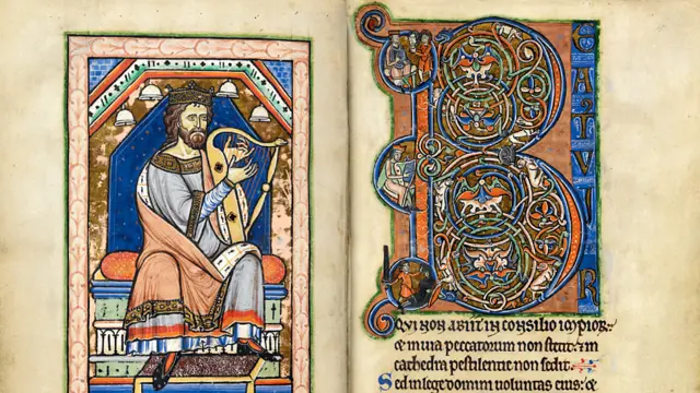 En la página opuesta, una gran B que marca el inicio de la frase: "Bendito es el hombre"