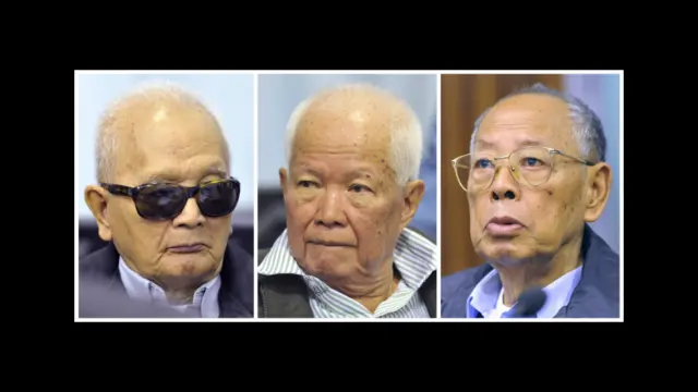 Ba cựu lãnh đạo của chế độ cộng sản Khmer Đỏ (từ trái sang) gồm: nhân vật số hai Nuon Chea - cánh tay phải của lãnh tụ diệt chủng Pol Pot; cựu Chủ tịch Nước Khieu Samphan và cựu ngoại trưởng Ieng Sary.
