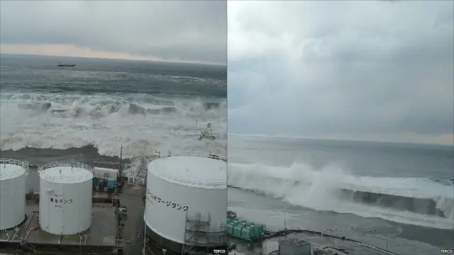 Hình ảnh sóng thần tràn vào bờ biển gần nhà máy điện hạt nhân Fukushima, đông bắc nước Nhật ngày 11/03/2011. Sóng thần và động đất gây thiệt hại nặng về người và của, rủi ro rò rỉ phóng xạ hạt nhân từ bốn lò phản ứng của nhà máy Fukushima. 