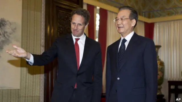 Menteri Keuangan AS, Timothy Geithner dan Perdana Menteri Cina, Wen Jiabao.