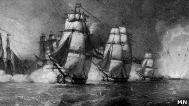 Explosión de la fragata Nuestra Señora de las Mercedes. Dibujo J. Vallejo, Cortesía Museo Naval de Madrid.