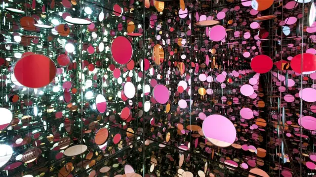 草間彌生慣於在她的作品中使用「環境裝置」。本次展覽包括一件布滿彩色鏡子的房間，反映她對世界的獨特感受。