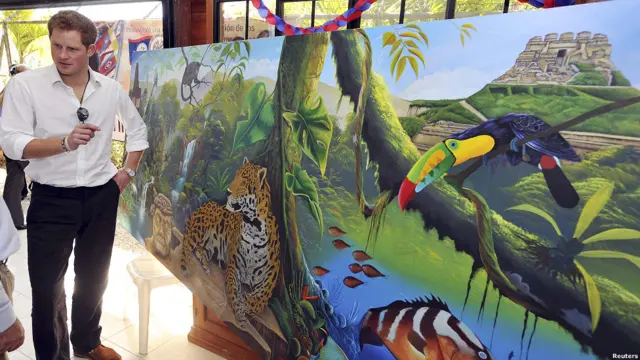 哈里王子在伯利兹与危地马拉交界地区参观美洲国家组织举办的一个艺术展。