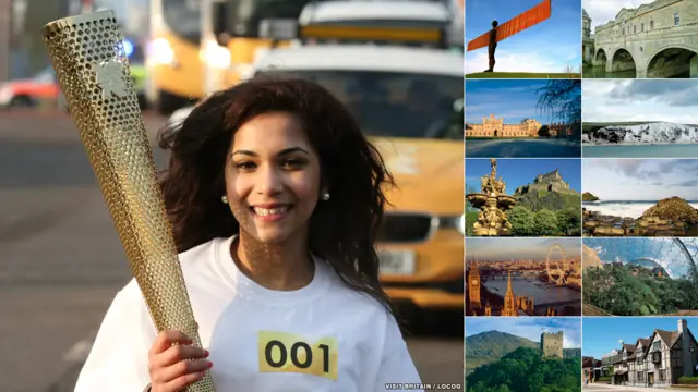 Uma mulher carrega a tocha olímpica durante um ensaio para o Desfile da Tocha Olímpica; ao lado, cartões postais britânicos de locais por onde passará a tocha (Fotos: LOCOG/VisitBritain.com) 