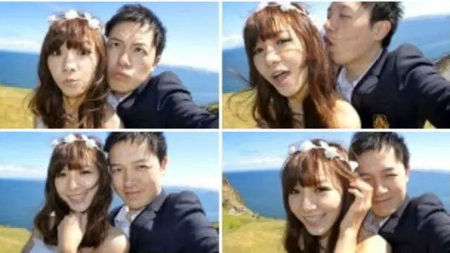 “Gary和Angela手拿相机，幸福自拍婚纱照。