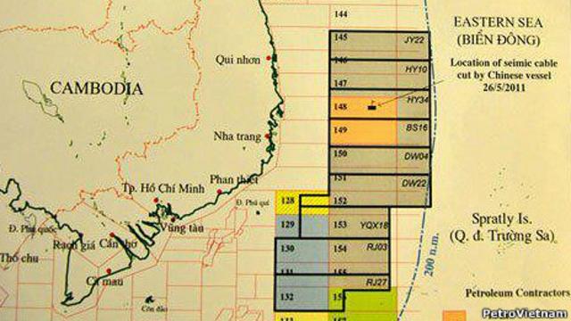 Bản đồ của PetroVietnam cho thấy chín lô dầu khí mà Trung Quốc mời thầu