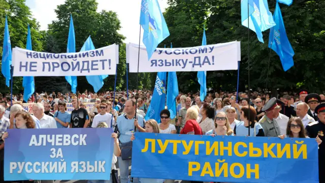У п'ятницю жителі Луганська прийшли під будівлю обласної ради, щоб підтримати закон, який розширює сфери використання російської та інших мов нацменшин в Україні.